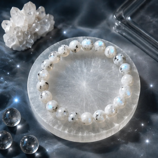 Natural Moonstone Crystal Bracelet for Emotional Healing with Free Raw Selenite Plate