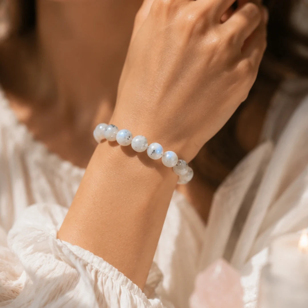 Natural Moonstone Crystal Bracelet for Emotional Healing with Free Raw Selenite Plate