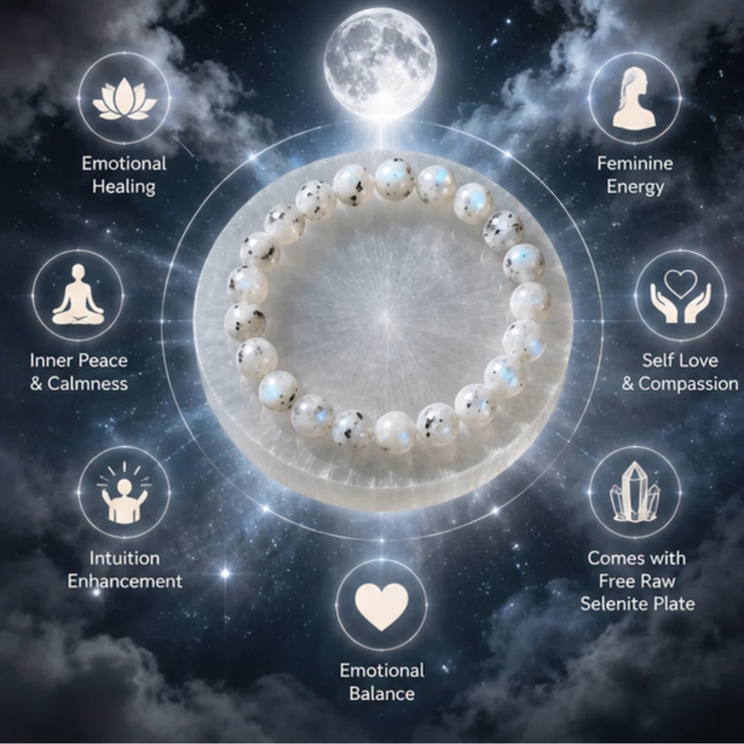 Natural Moonstone Crystal Bracelet for Emotional Healing with Free Raw Selenite Plate