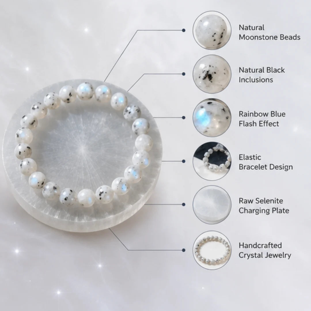 Natural Moonstone Crystal Bracelet for Emotional Healing with Free Raw Selenite Plate