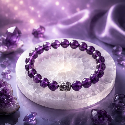 Natural Amethyst Crystal Bracelet for Healing & Calmness with Free Selenite Plate