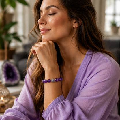 Natural Amethyst Crystal Bracelet for Healing & Calmness with Free Selenite Plate