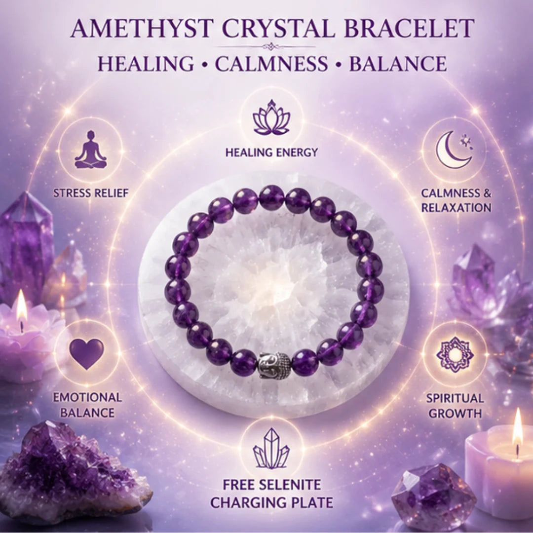 Natural Amethyst Crystal Bracelet for Healing & Calmness with Free Selenite Plate