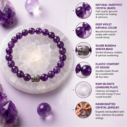 Natural Amethyst Crystal Bracelet for Healing & Calmness with Free Selenite Plate