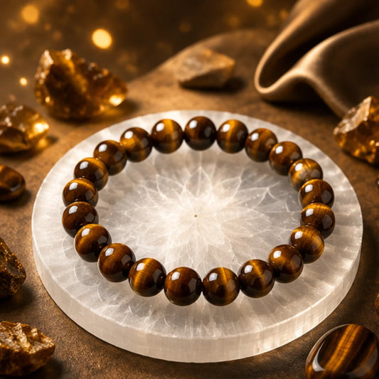 Tiger Eye Crystal Bracelet for Confidence & Protection with Free Selenite Plate