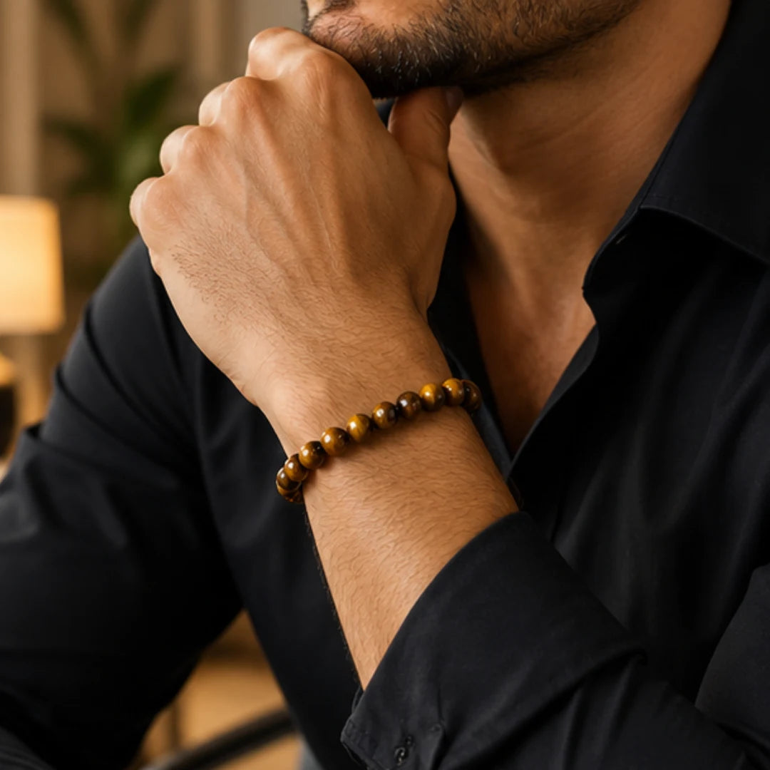 Tiger Eye Crystal Bracelet for Confidence & Protection with Free Selenite Plate