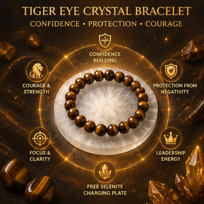 Tiger Eye Crystal Bracelet for Confidence & Protection with Free Selenite Plate