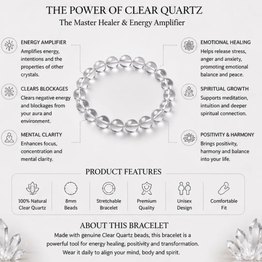 Natural Clear Quartz Bracelet (8mm) for Energy Healing & Positivity