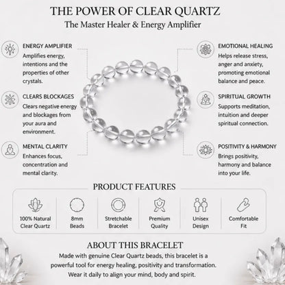 Natural Clear Quartz Bracelet (8mm) for Energy Healing & Positivity