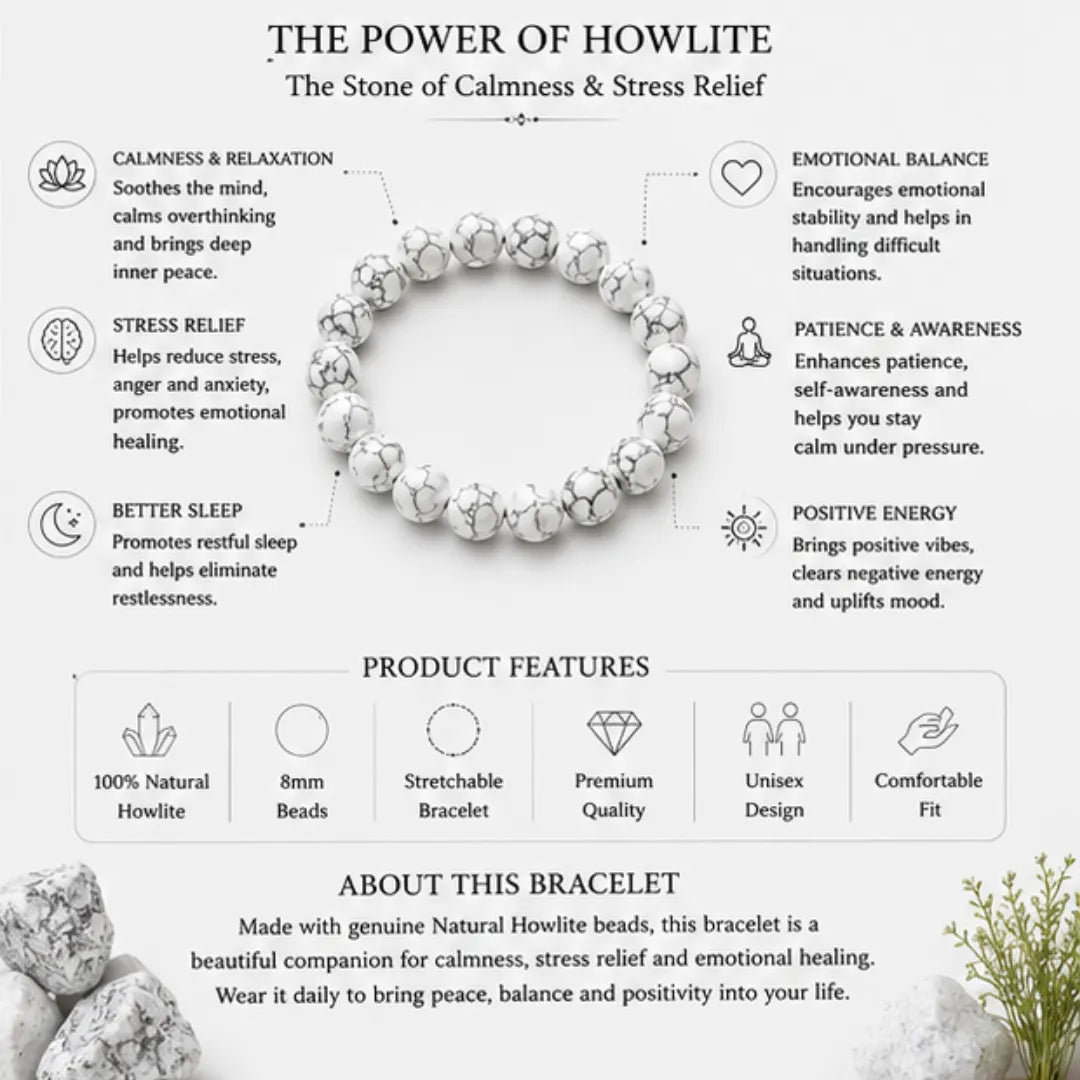 Natural Howlite Bracelet (8mm) for Calmness & Stress Relief