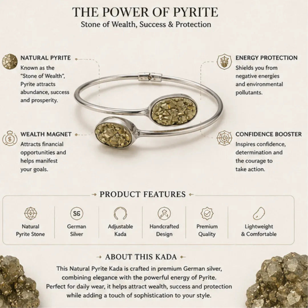 Natural Pyrite Kada for Women & Girls | German Silver Kada for Wealth