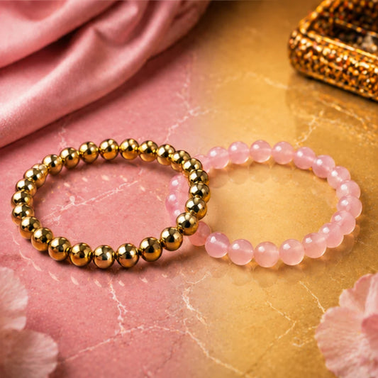 Natural Pyrite with Rose Quartz Bracelet for Love & Wealth | Healing Crystal Bracelet for Prosperity & Relationships
