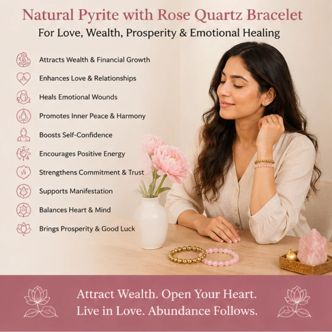 Natural Pyrite with Rose Quartz Bracelet for Love & Wealth | Healing Crystal Bracelet for Prosperity & Relationships