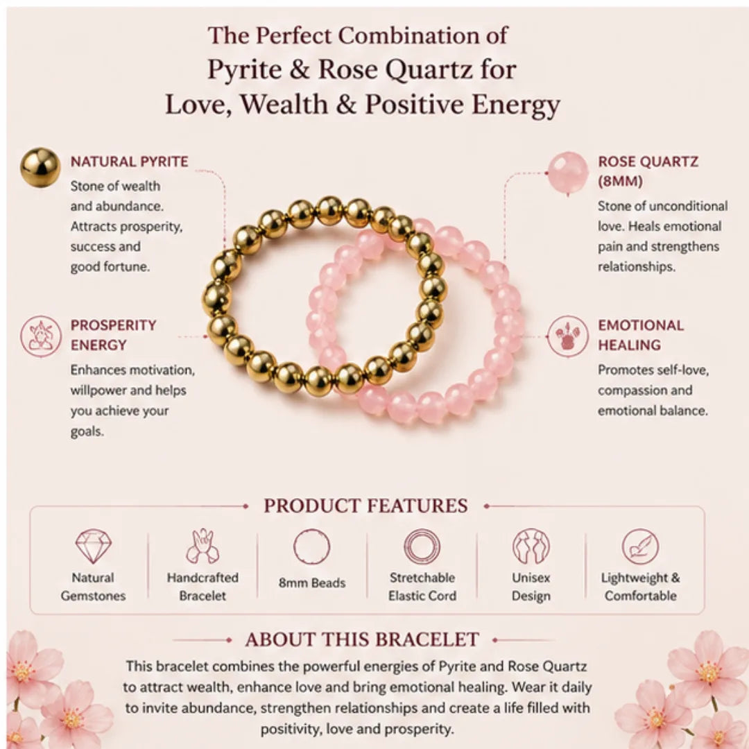 Natural Pyrite with Rose Quartz Bracelet for Love & Wealth | Healing Crystal Bracelet for Prosperity & Relationships