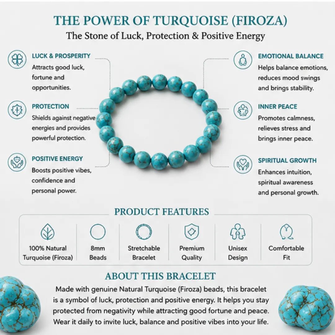 Natural Turquoise (Firoza) Bracelet (8mm) for Luck & Protection