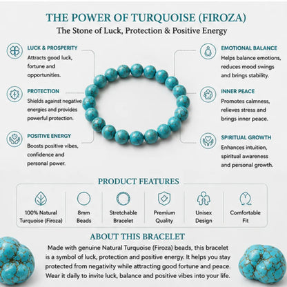 Natural Turquoise (Firoza) Bracelet (8mm) for Luck & Protection
