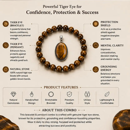 Tiger Eye Bracelet & Pendant Combo for Confidence & Protection