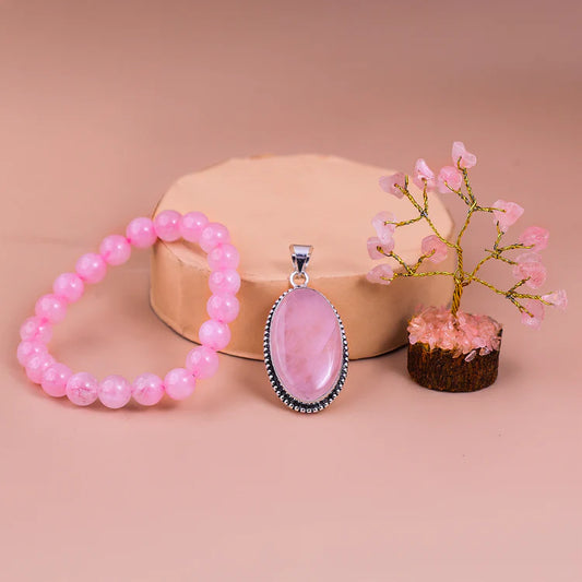 Rose Quartz Bracelet & Pendant With Tree (Combo)