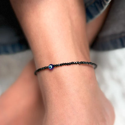 Black Tourmaline Anklet With Evil Eye For Ladies/Women