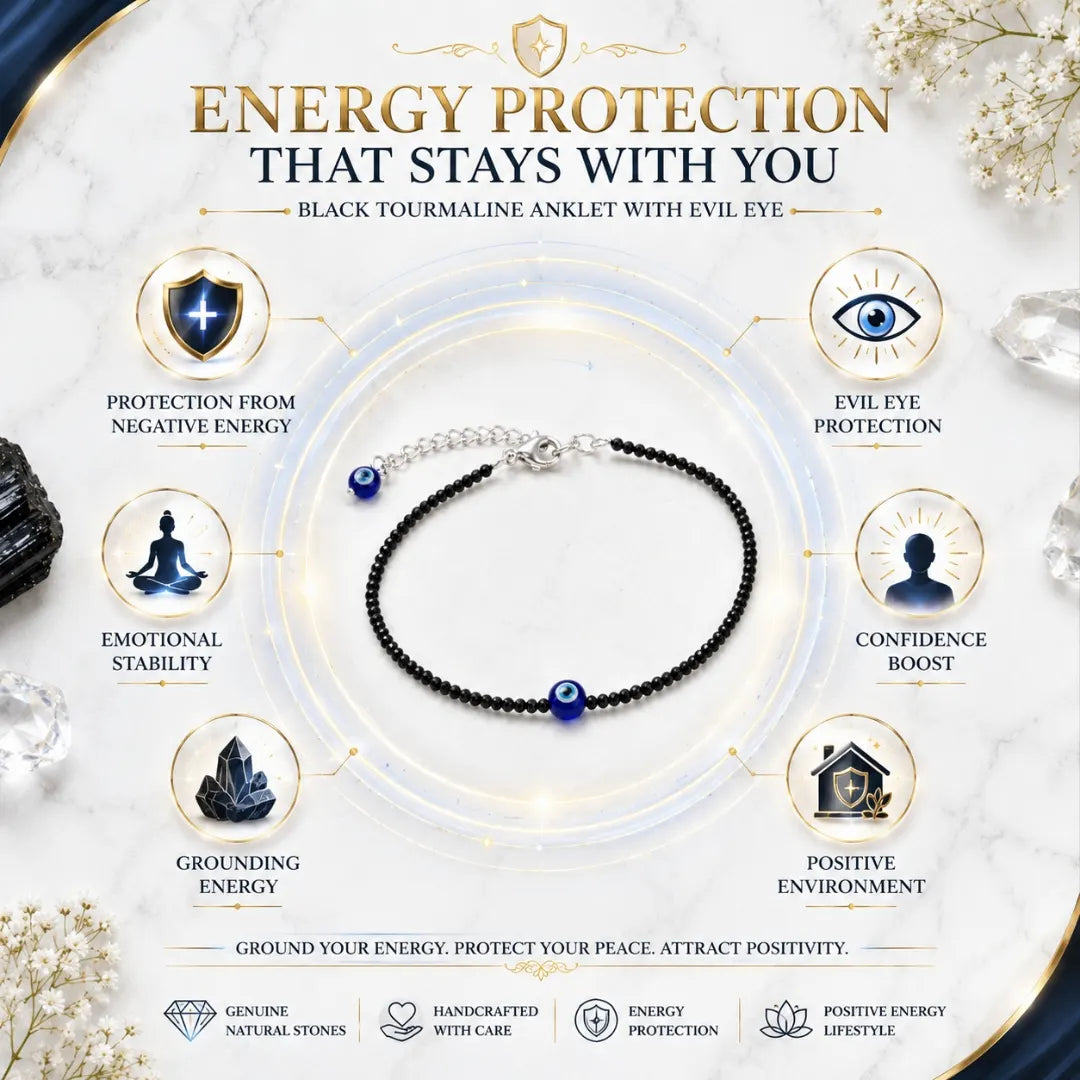 Black Tourmaline Anklet with Evil Eye for Women Protection