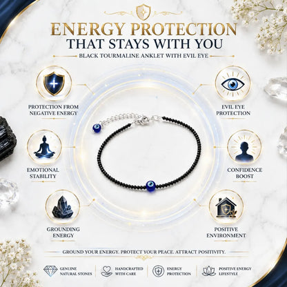 Black Tourmaline Anklet with Evil Eye for Women Protection