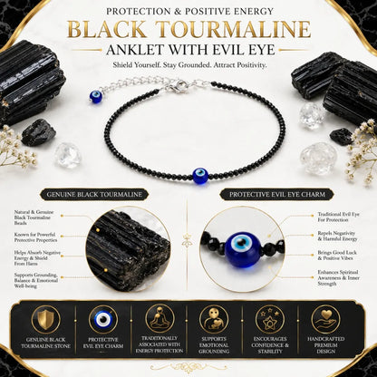 Black Tourmaline Anklet with Evil Eye for Women Protection